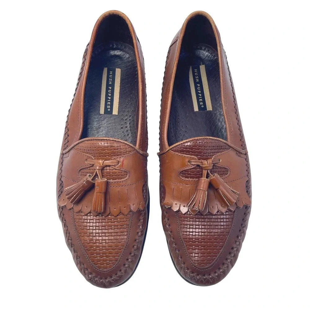 Hush Puppies Brown Leather Loafers Mens Size‎ 9M Tassels Woven Upper Dress Shoes